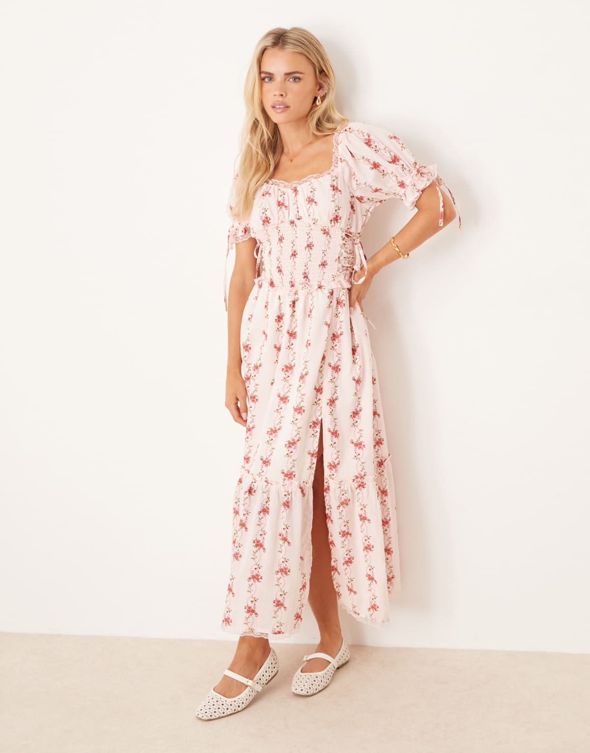 Miss Selfridge Petite printed milkmaid corset detail maxi dress in vintage floral