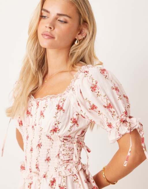 Miss Selfridge Petite printed milkmaid corset detail maxi dress in vintage floral