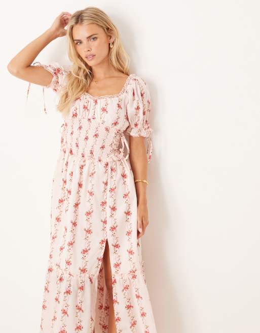 Miss Selfridge Petite printed milkmaid corset detail maxi dress in vintage floral