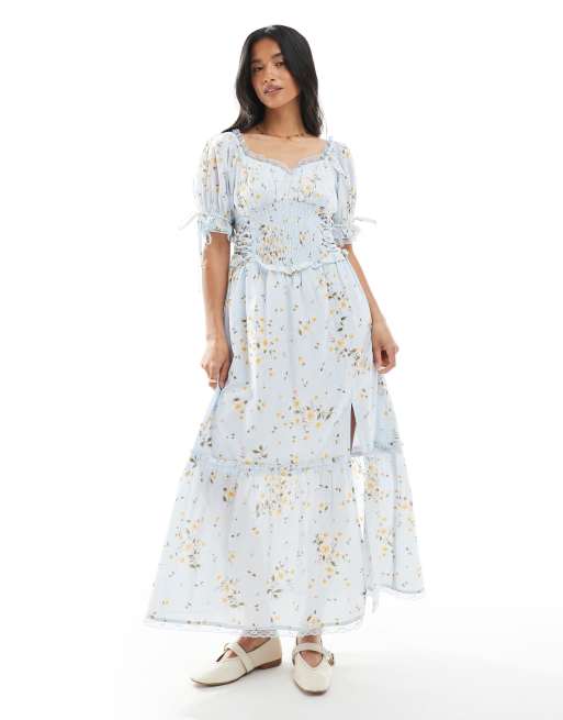 Miss Selfridge Petite printed milkmaid maxi dress in ditsy floral