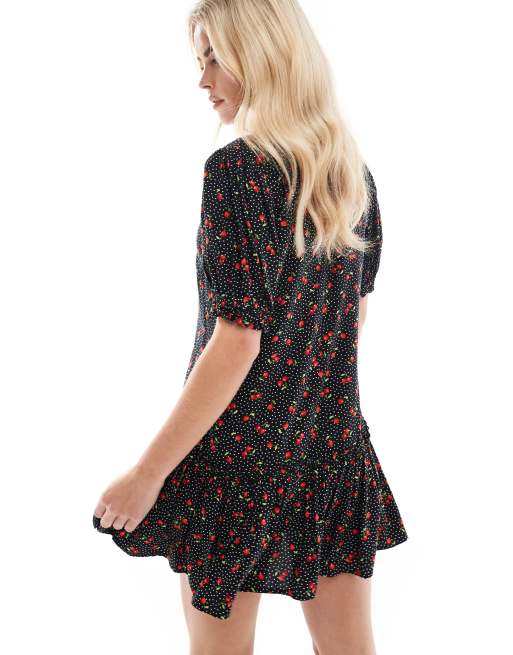 Miss Selfridge petite printed spun smock dress in black cherry print