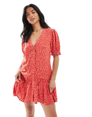 Miss Selfridge Petite printed spun smock dress in red ditsy - view 1