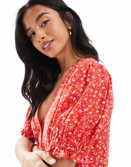 Miss Selfridge Petite printed spun smock dress in red ditsy, 3 of 4