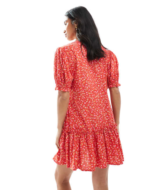 Miss Selfridge Petite printed spun smock dress in red ditsy, 4 of 4