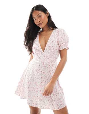 printed spun v neck mini tea dress in pink ditsy print