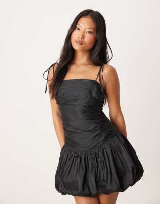 puff ball taffeta mini dress in black