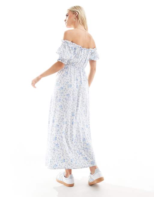 Miss Selfridge Petite Puff Sleeve Bardot Maxi Dress in Blue Floral