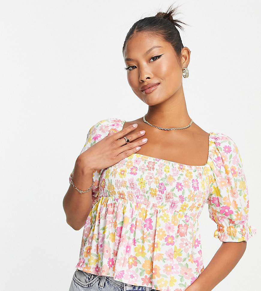 Miss Selfridge Petite puff sleeve blouse in pink ditsy floral-Multi