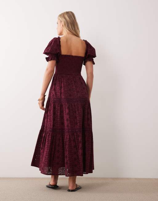 Miss Selfridge Petite puff sleeve broderie maxi dress in fig, 2 of 4