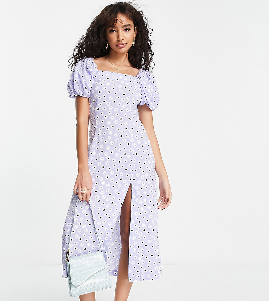 Miss Selfridge Petite Puff Sleeve Midi Dress In Floral Heart Print-Multi