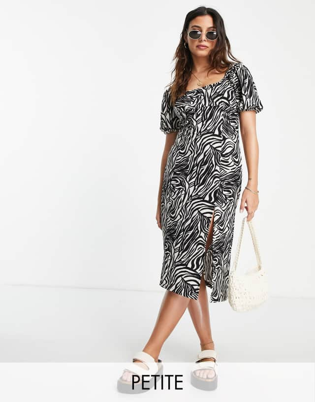 Miss Selfridge Petite puff sleeve midi dress in zebra