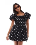 [Miss Selfridge Petite] Miss Selfridge Petite puffball mini dress in black polka dot-Multi 14 Black polka dot