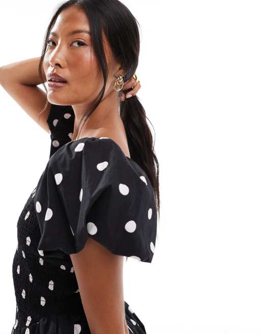 Miss Selfridge Petite puffball mini dress in black polka dot, 4 of 4