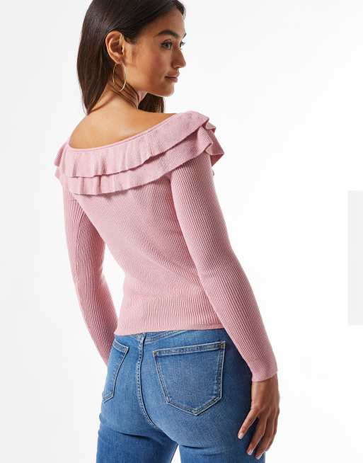 Miss Selfridge Petite - Pull style Bardot en maille pointelle - Rose pâle, 2 de 4
