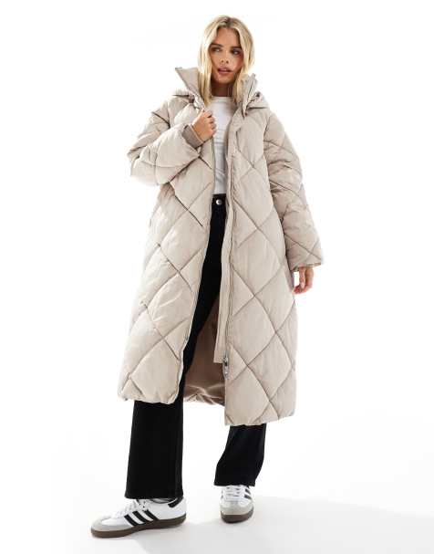 Miss Selfridge Petite quilted hooded maxi puffer coat in mocha - view 1