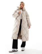 Miss Selfridge quilted hooded maxi puffer coat in chocolate