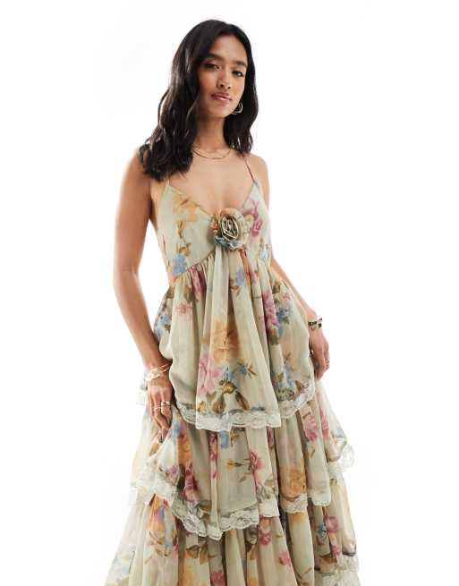 Miss Selfridge Petite Race Day chiffon tiered maxi dress in green floral print