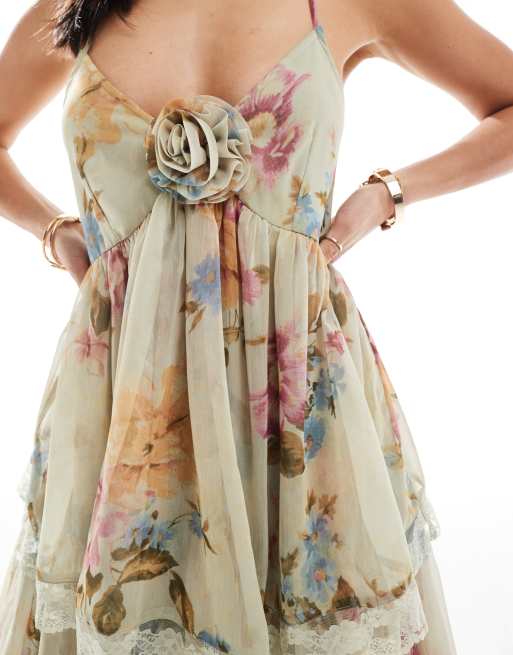 Miss Selfridge Petite Race Day chiffon tiered maxi dress in green floral print