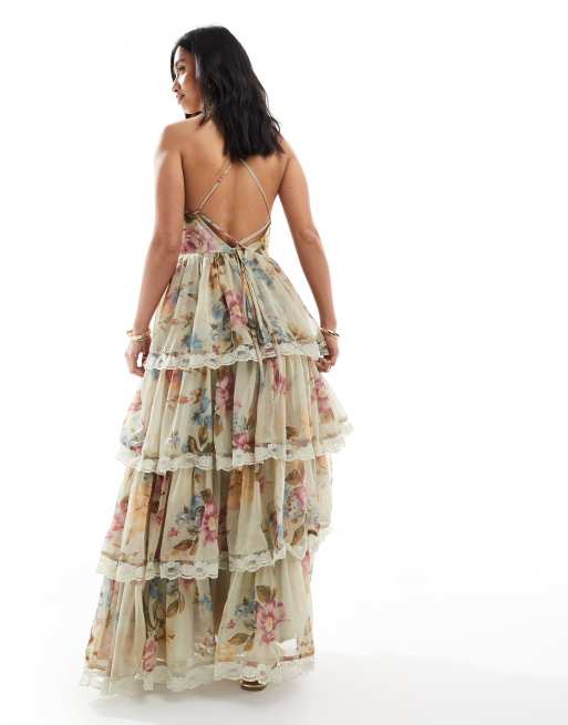 Miss Selfridge Petite Race Day chiffon tiered maxi dress in green floral print