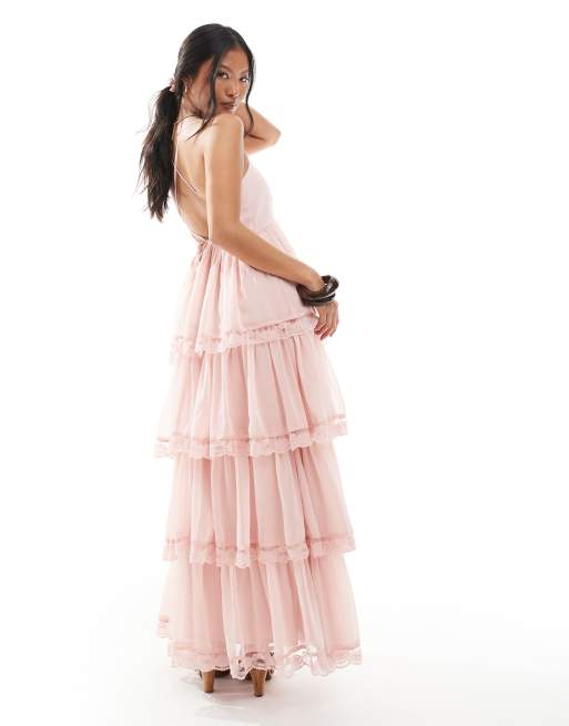 knee length dresses for ladies Berylove Women Sky Blue Ruffled Wedding Guest Dress A Line Chiffon Tiered Maxi Bridesmaid Dress, Sky Blue / US24W main image 0
