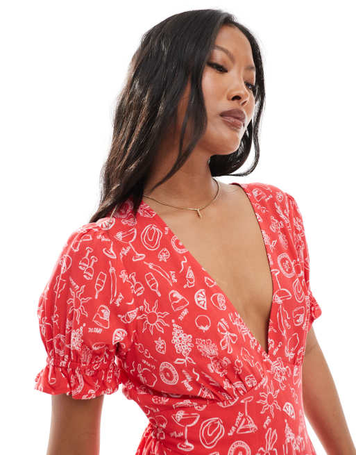 Miss Selfridge Petite - Rød tea-minikjole med ferieprint, 3 af 4
