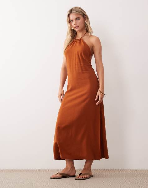 Miss Selfridge Petite – Rdzawa sukienka maxi z domieszką lnu z dekoltem halter - view 1