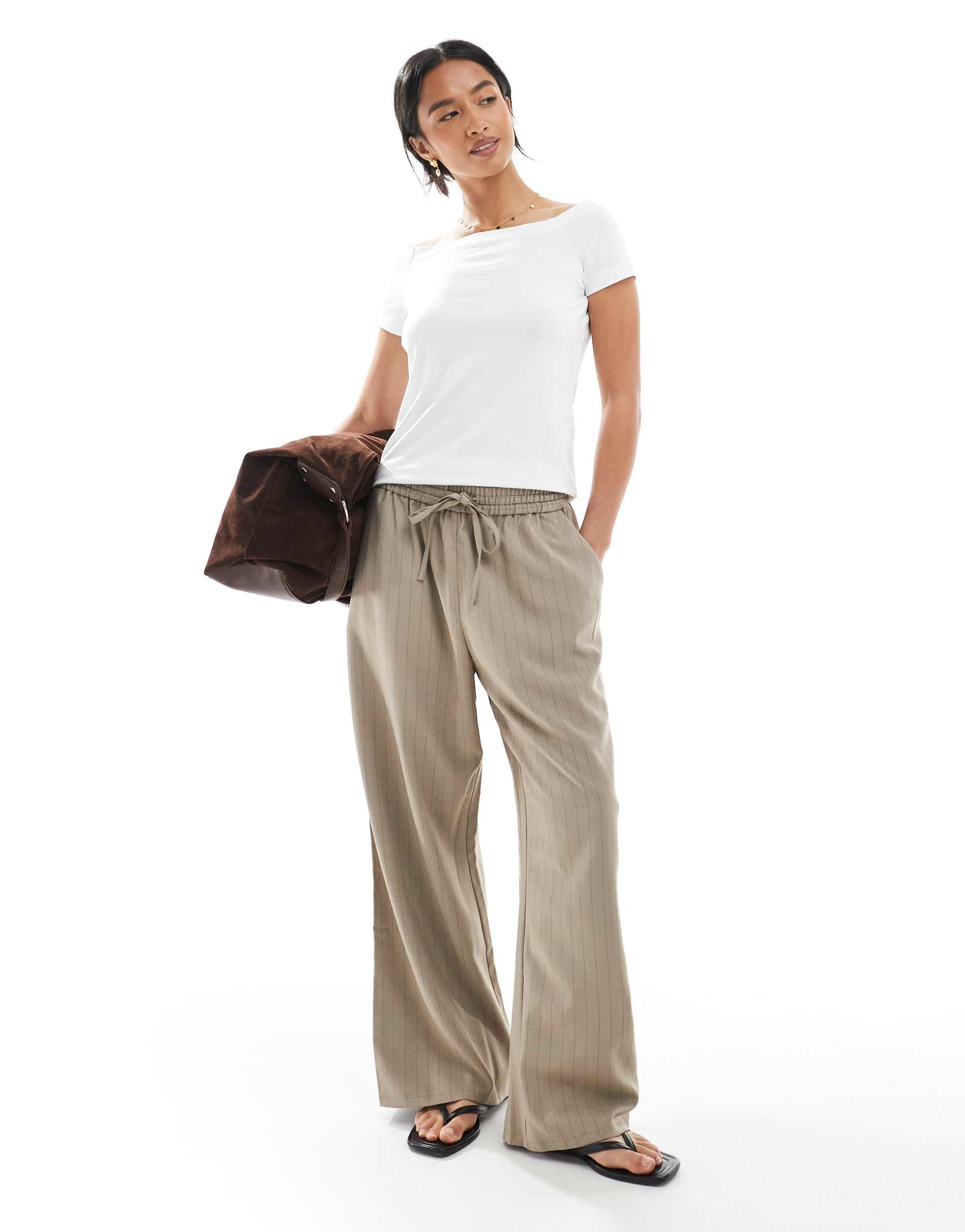 miss selfridge petite relaxed sweatpants in tan pinstripe