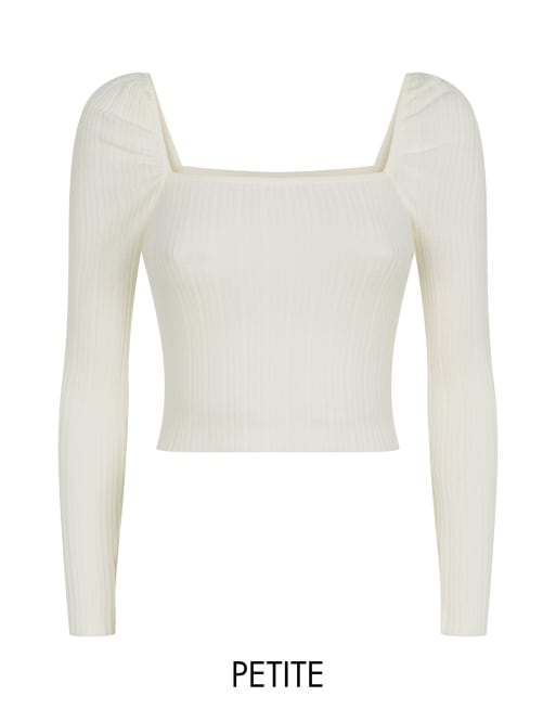 Miss Selfridge Petite ribbed crop top with puff sleeves in in cream