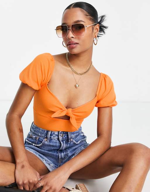 Miss Selfridge petite ribbed knot bodysuit in orange 