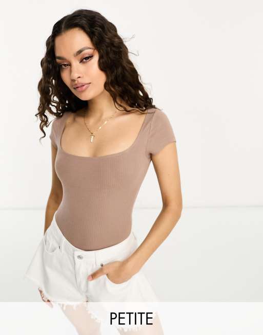 Miss Selfridge Petite ribbed square neck bodysuit in mocha