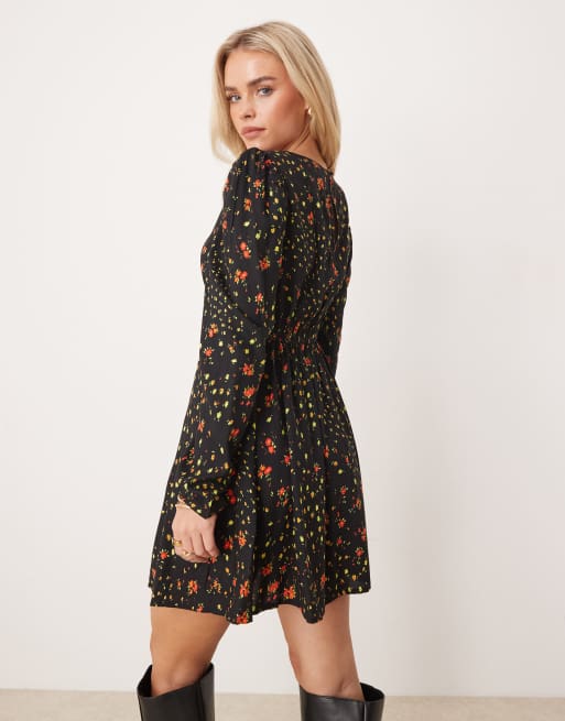 Miss Selfridge Petite ribbon detail tea dress in black floral print