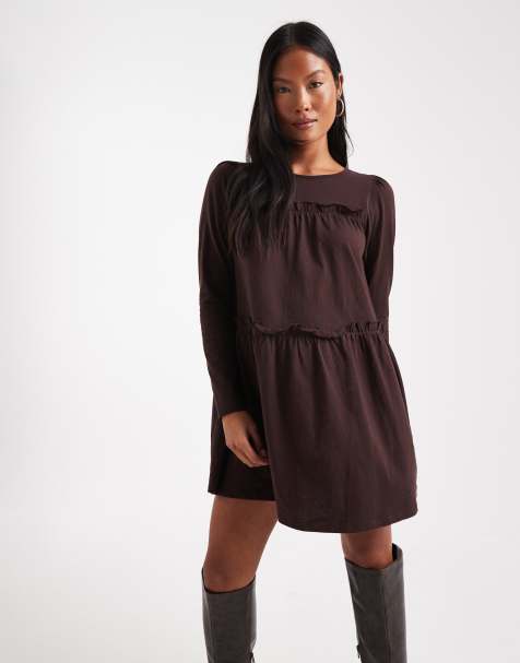 Miss Selfridge Petite - Robe babydoll courte à volants - Chocolat - view 1