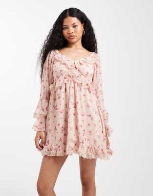 Robe courte en mousseline à volants-rose 36