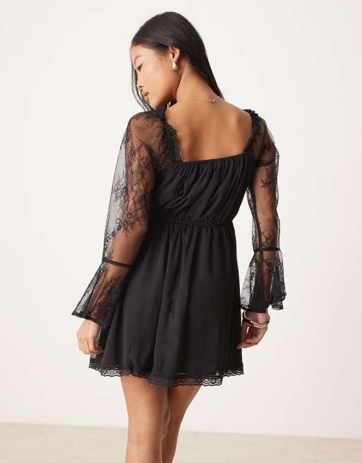 Miss Selfridge Petite - Robe courte en mousseline et dentelle - Noir, 2 de 4
