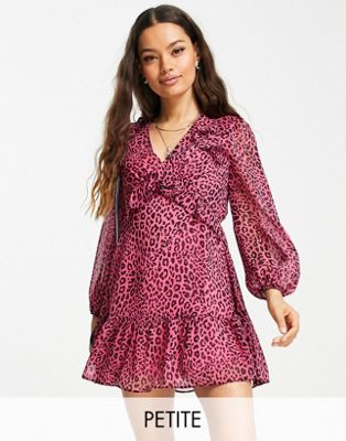 Miss Selfridge Petite chiffon ruffle mini dress in pink animal print - ASOS Price Checker
