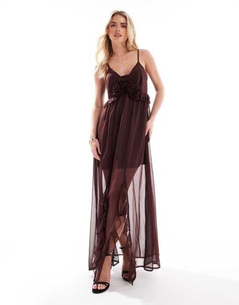 Miss Selfridge Petite - Robe longue bohème à bretelles fines et détails grosses fleurs - Marron - view 1