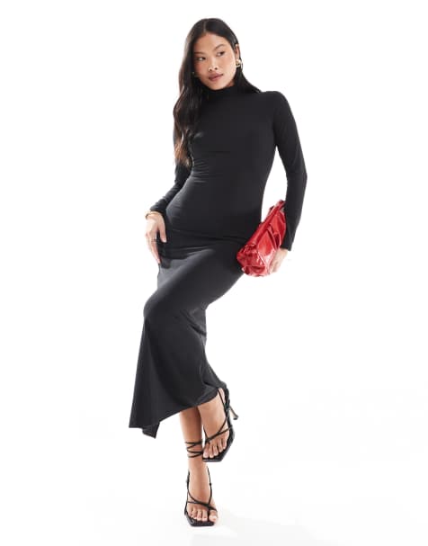 Miss Selfridge Petite - Robe longue douce au toucher avec manches longues et col montant - Noir - view 1