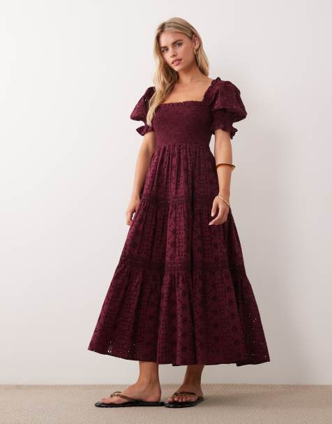 Miss Selfridge Petite - Robe longue en broderie anglaise à manches bouffantes - Figue - view 1