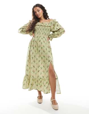Robe longue en lin mélangé à imprimé fleuri et encolure bardot - Vert-Multicolore 34
