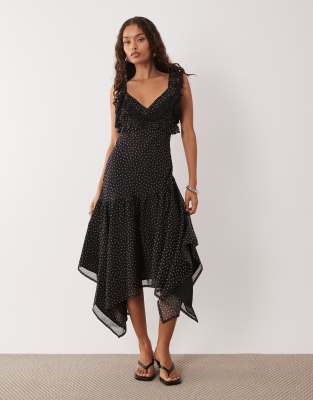 Robe longue en mousseline à pois avec volants et ourlet mouchoir-Multicolore 42
