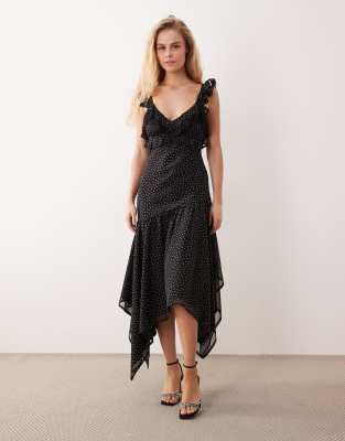 Miss Selfridge Petite - Robe longue en mousseline à pois avec volants et ourlet mouchoir-Multicolore