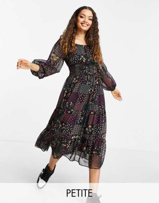 Miss Selfridge Petite - Robe mi-longue avec motif fleuri effet patchwork