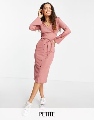 Miss Selfridge Petite Robe Mi Longue Cotelee A Col V Vieux Rose Asos