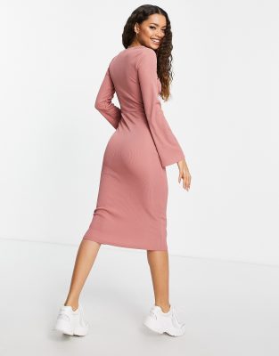 Miss Selfridge Petite Robe Mi Longue Cotelee A Col V Vieux Rose Asos