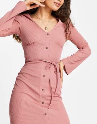 Miss Selfridge Petite Robe Mi Longue Cotelee A Col V Vieux Rose Asos