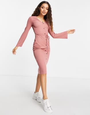 Miss Selfridge Petite Robe Mi Longue Cotelee A Col V Vieux Rose Asos