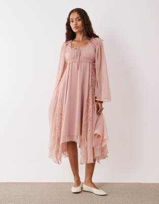 Robe mi-longue style bohème en mousseline avec ourlet mouchoir - Rose 42