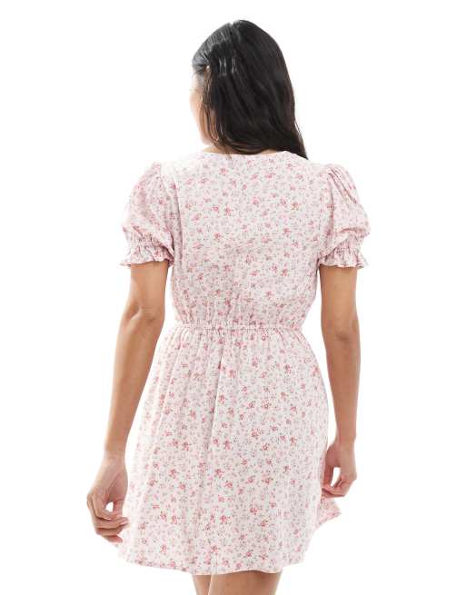 Miss Selfridge Petite – Rosa, småblommig tea-klänning i minilängd med v-ringning, 3 av 4