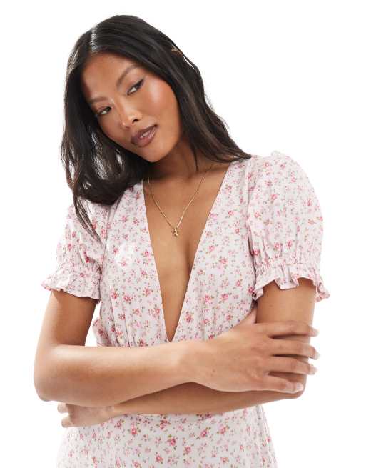Miss Selfridge Petite – Rosa, småblommig tea-klänning i minilängd med v-ringning, 4 av 4