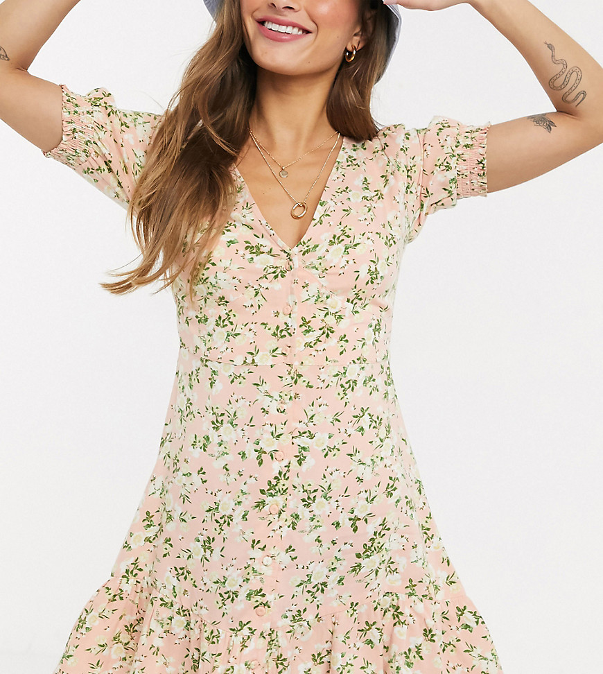 Miss Selfridge Petite – Rosa tea-klänning med knappar